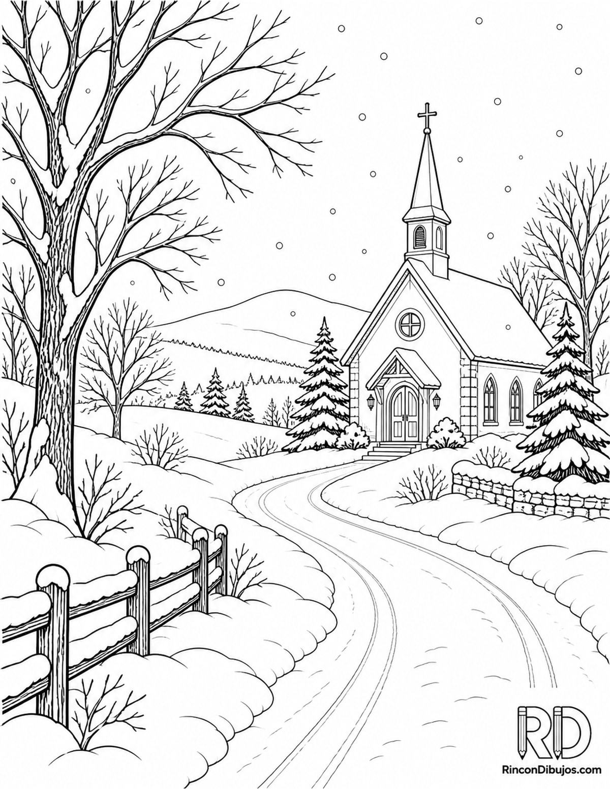 Dibujo de Escena Navideña con iglesia para colorear Dibujo de Escena Navideña con iglesia para colorear