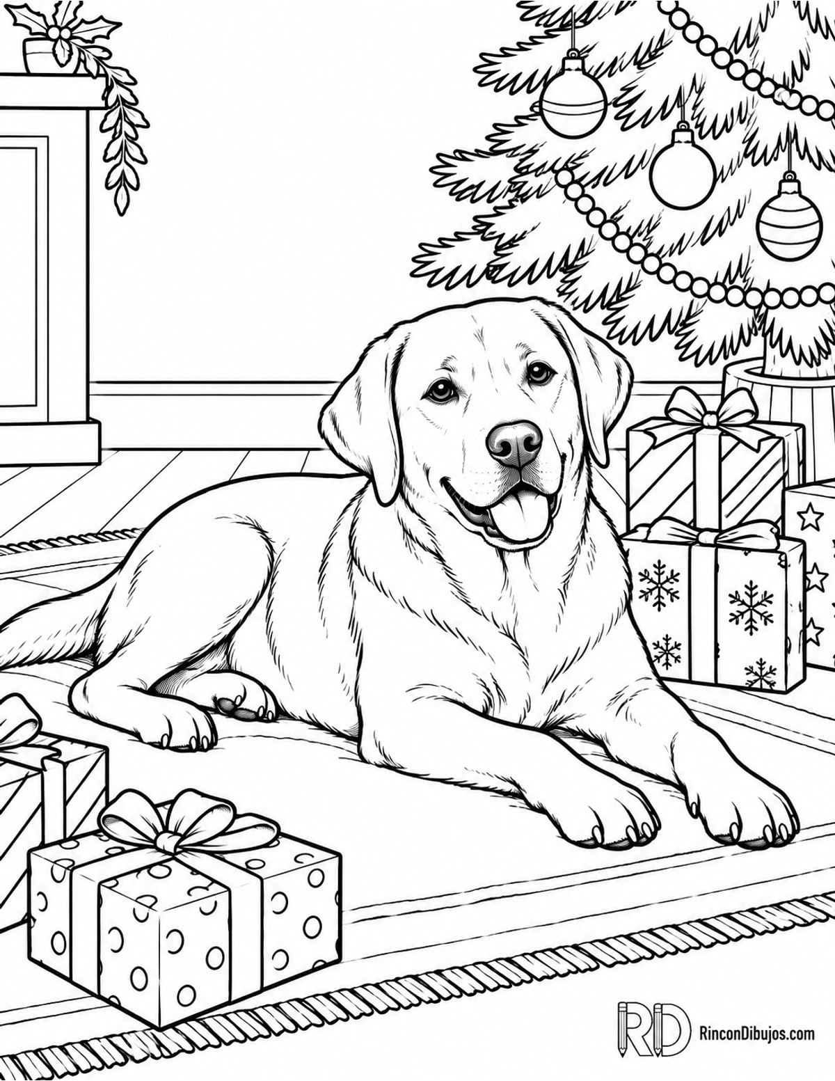 Dibujo de Escena Navideña con labrador para colorear Dibujo de Escena Navideña con labrador para colorear