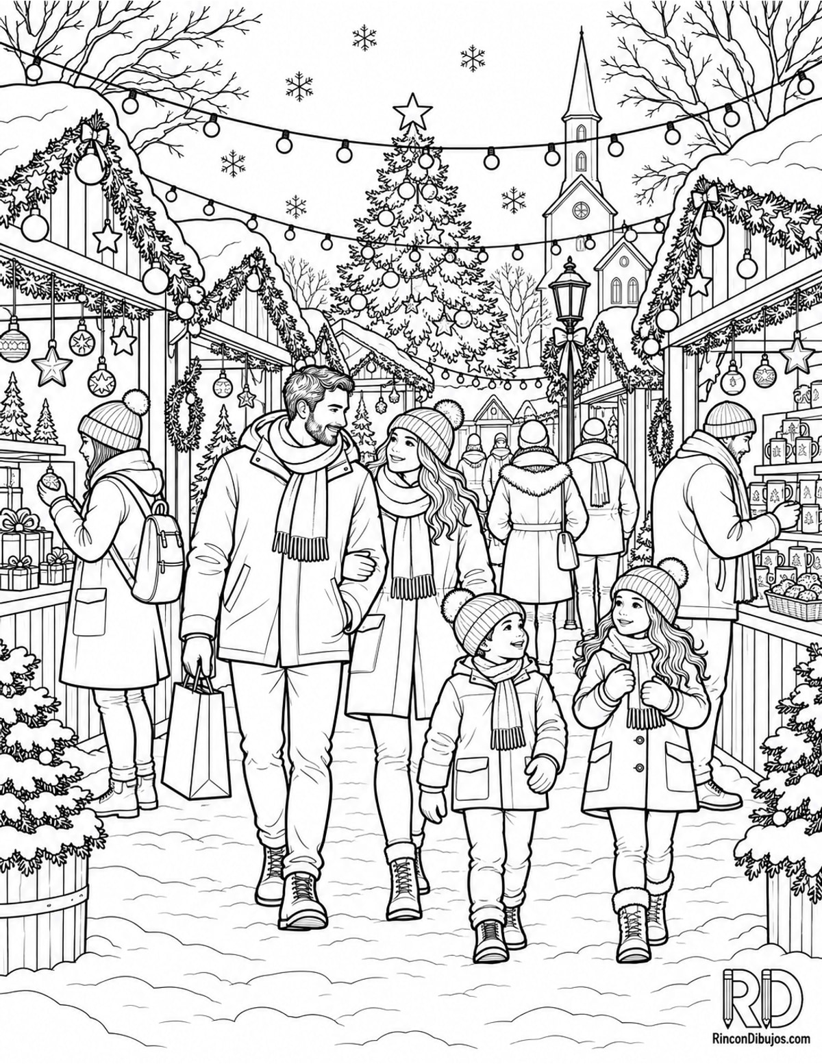 Dibujo de Escena Navideña con mercado para colorear Dibujo de Escena Navideña con mercado para colorear