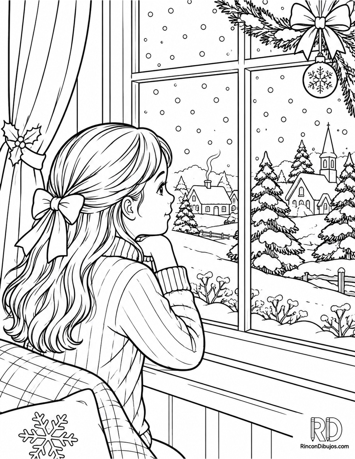 Dibujo de Escena Navideña con nieve para colorear Dibujo de Escena Navideña con nieve para colorear