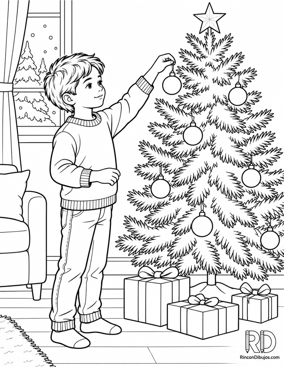 Dibujo de Escena Navideña con niño para colorear Dibujo de Escena Navideña con niño para colorear
