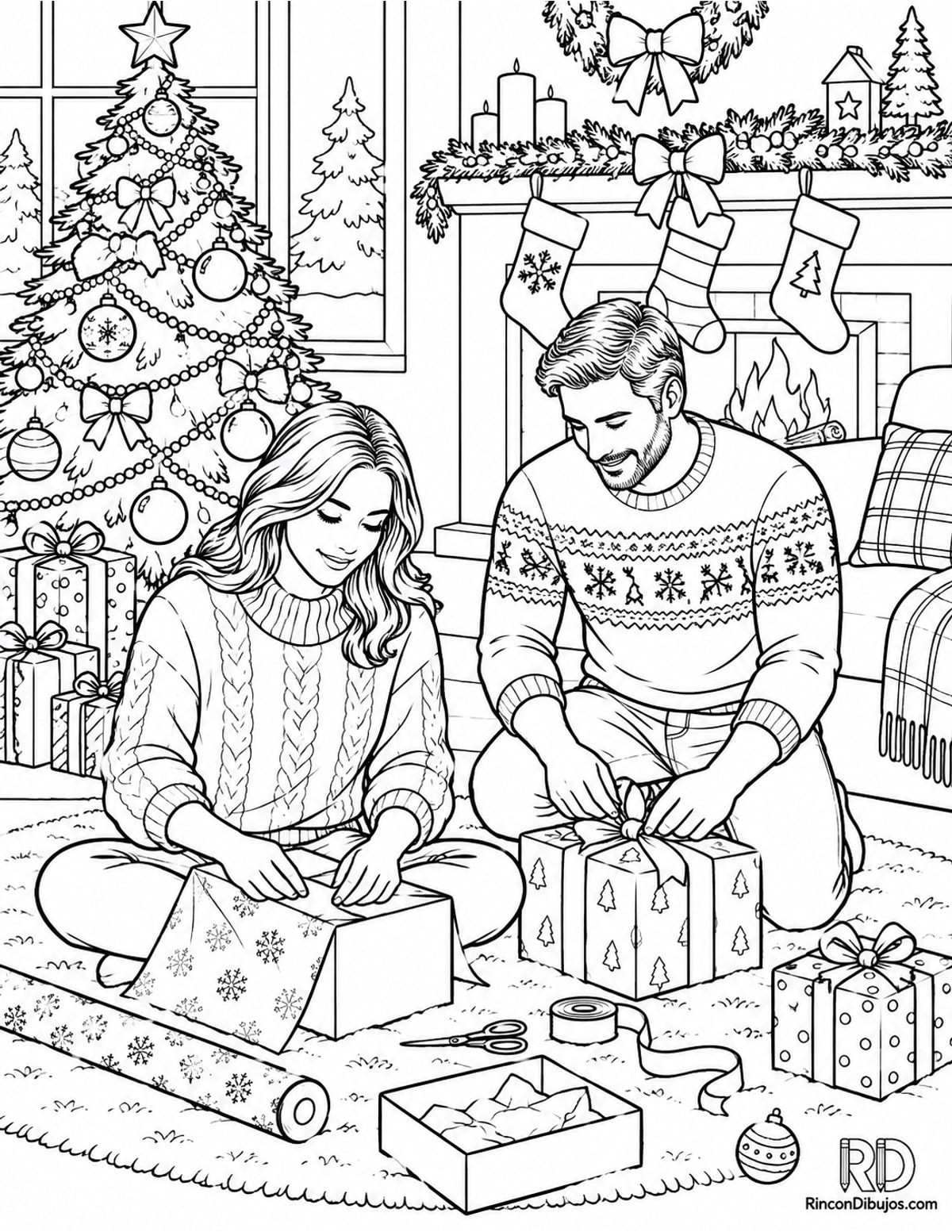 Dibujo de Escena Navideña con regalos para colorear Dibujo de Escena Navideña con regalos para colorear