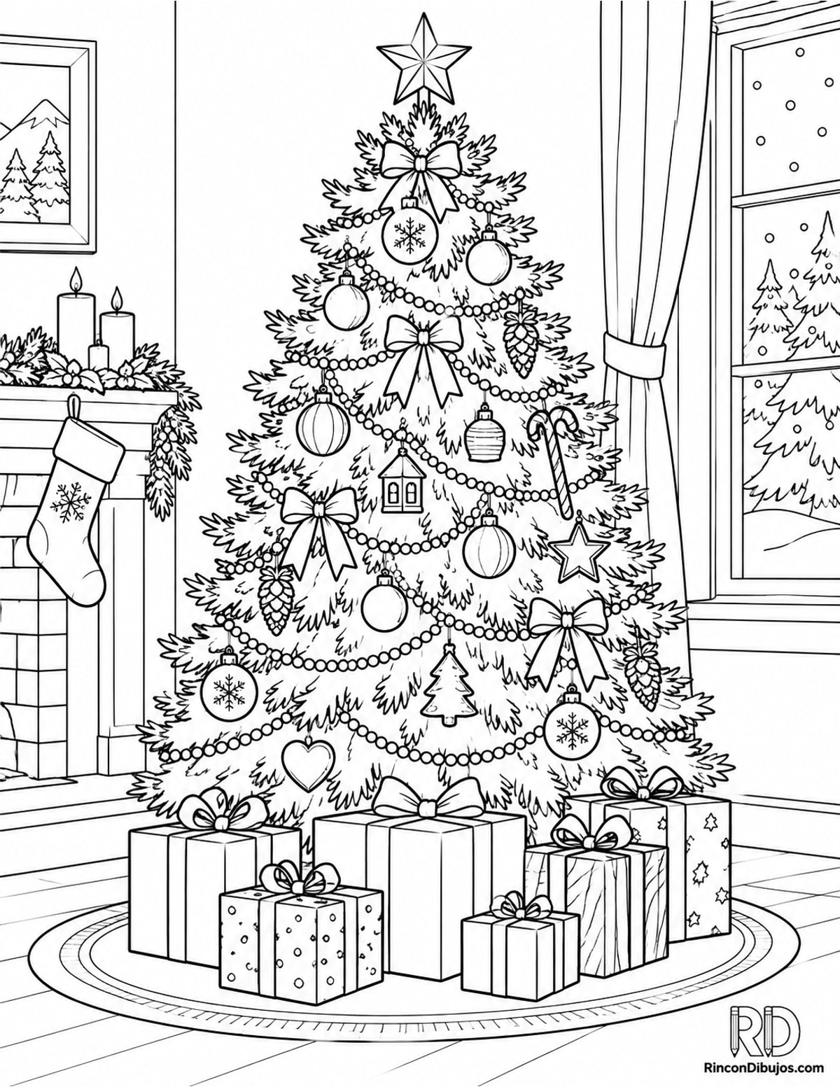 Dibujo de Escena Navideña regalos árbol para colorear Dibujo de Escena Navideña regalos árbol para colorear