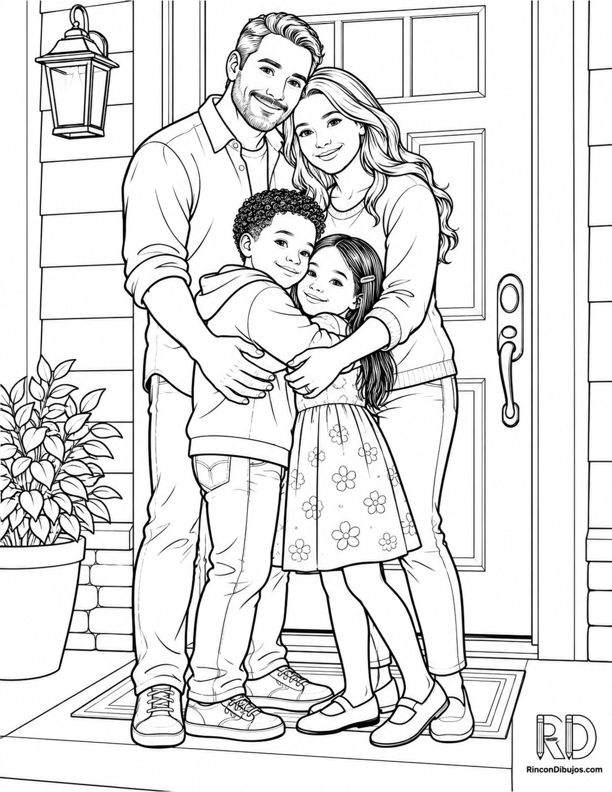Dibujo de familia adoptiva abrazándose para colorear Dibujo de familia adoptiva abrazándose para colorear