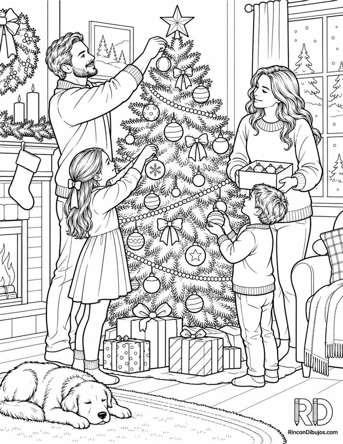 Dibujo de familia decorando Navidad para colorear Dibujo de familia decorando Navidad para colorear