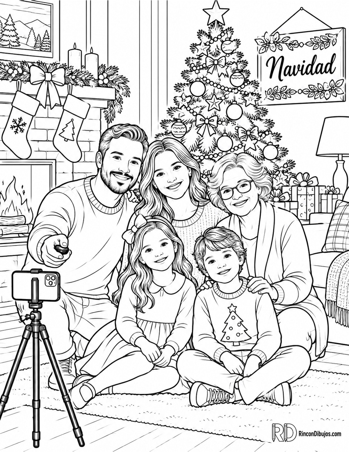 Dibujo de familia Navidad foto para colorear