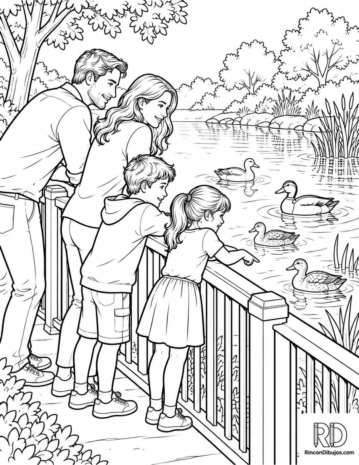 Dibujo de familia observando patos para colorear Dibujo de familia observando patos para colorear