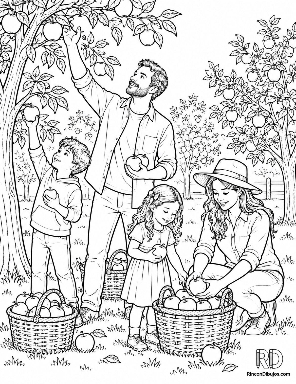 Dibujo de familia recogiendo manzanas para colorear Dibujo de familia recogiendo manzanas para colorear