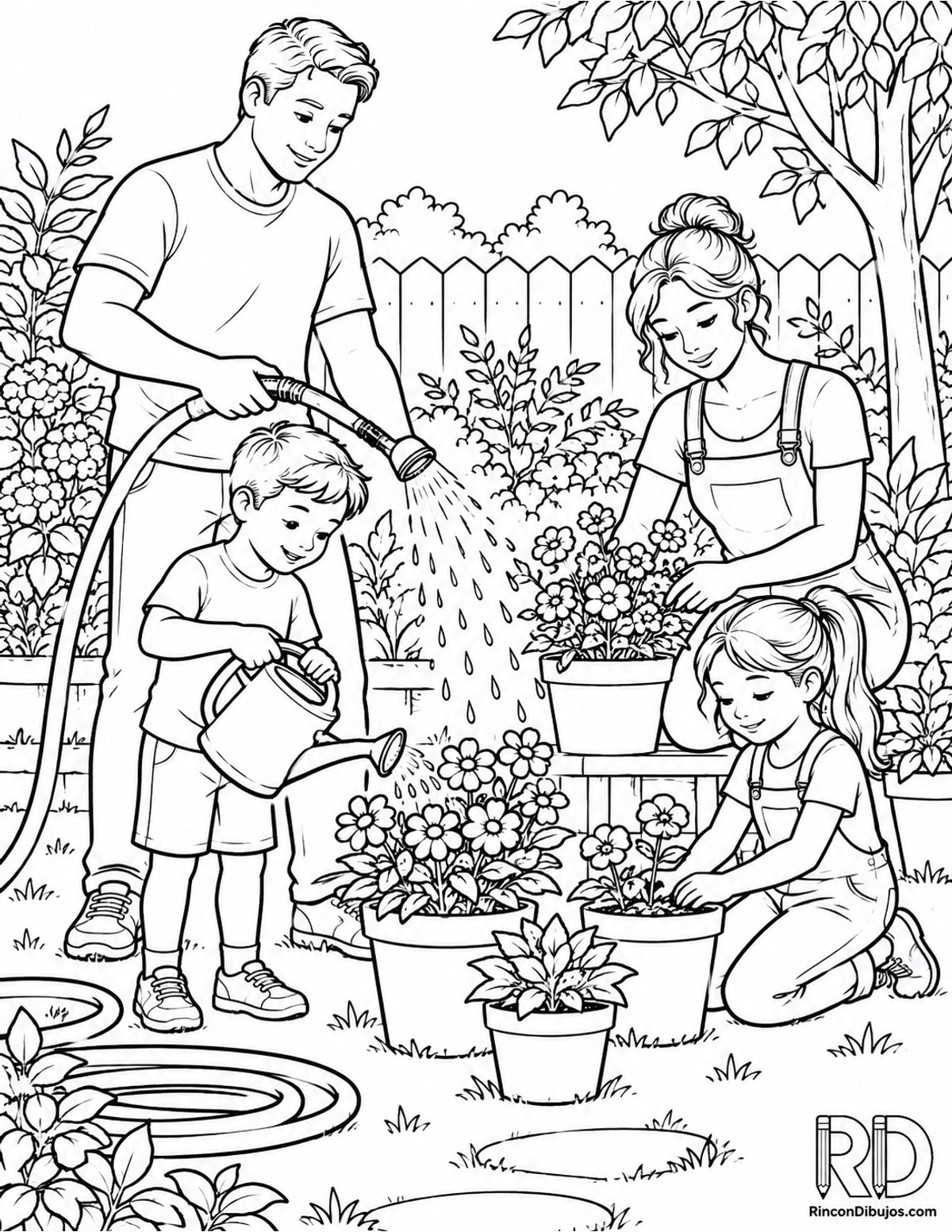 Dibujo de familia regando plantas para colorear Dibujo de familia regando plantas para colorear