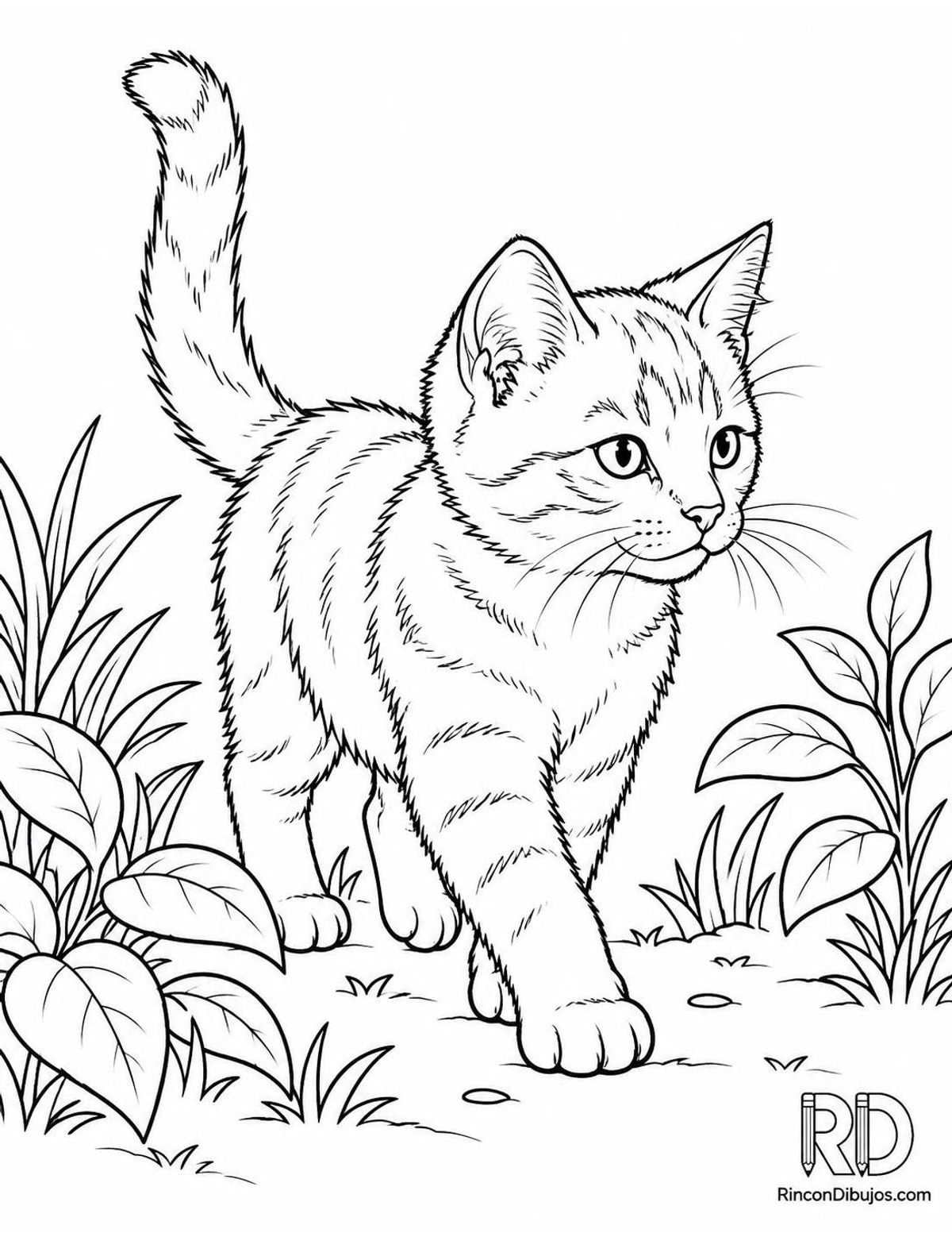 Dibujo de gatito naranja jardín para colorear Dibujo de gatito naranja jardín para colorear