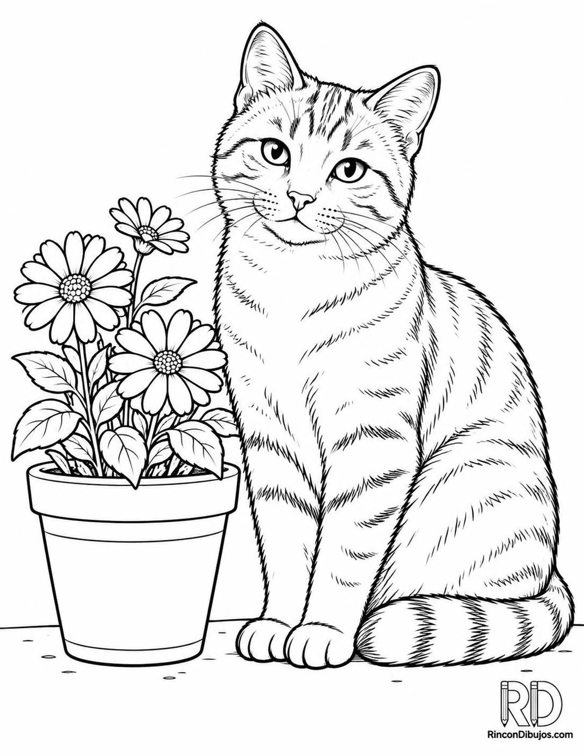 Dibujo de gato con flores para colorear Dibujo de gato con flores para colorear