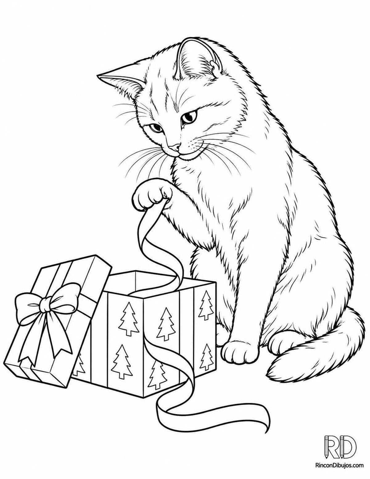 Dibujo de gato con regalo para colorear Dibujo de gato con regalo para colorear