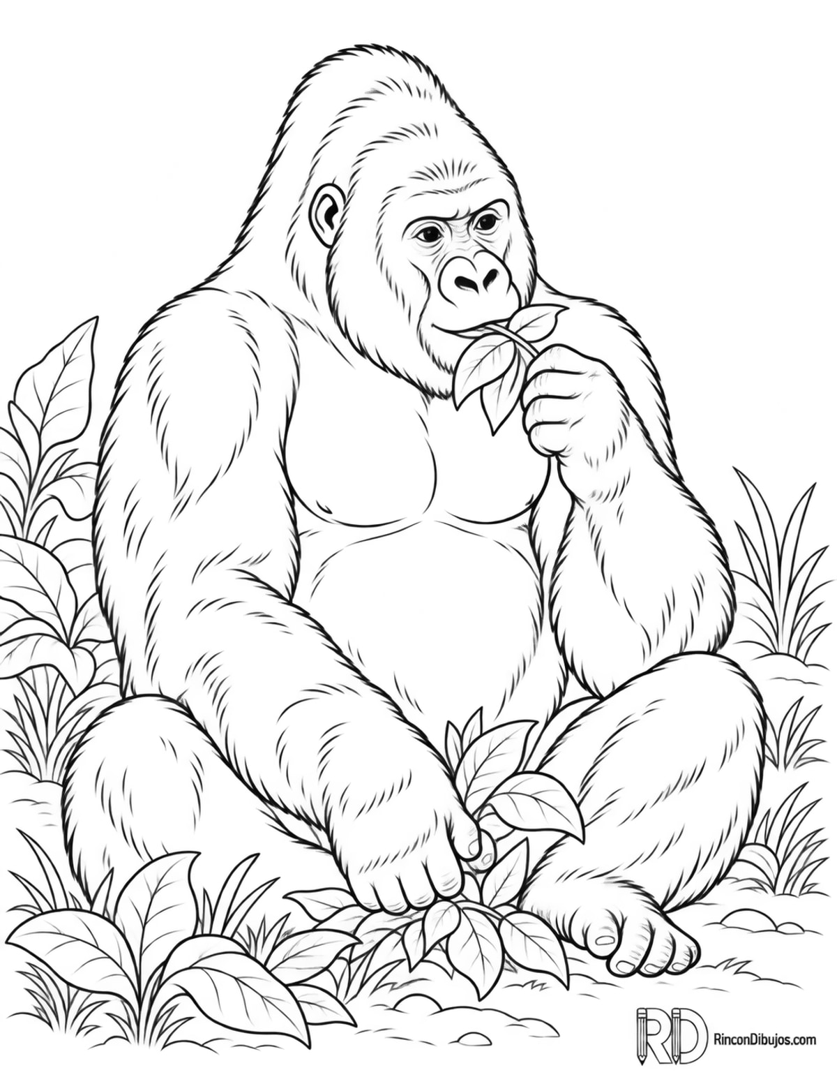 Dibujo de gorila adulto comiendo para colorear Dibujo de gorila adulto comiendo para colorear