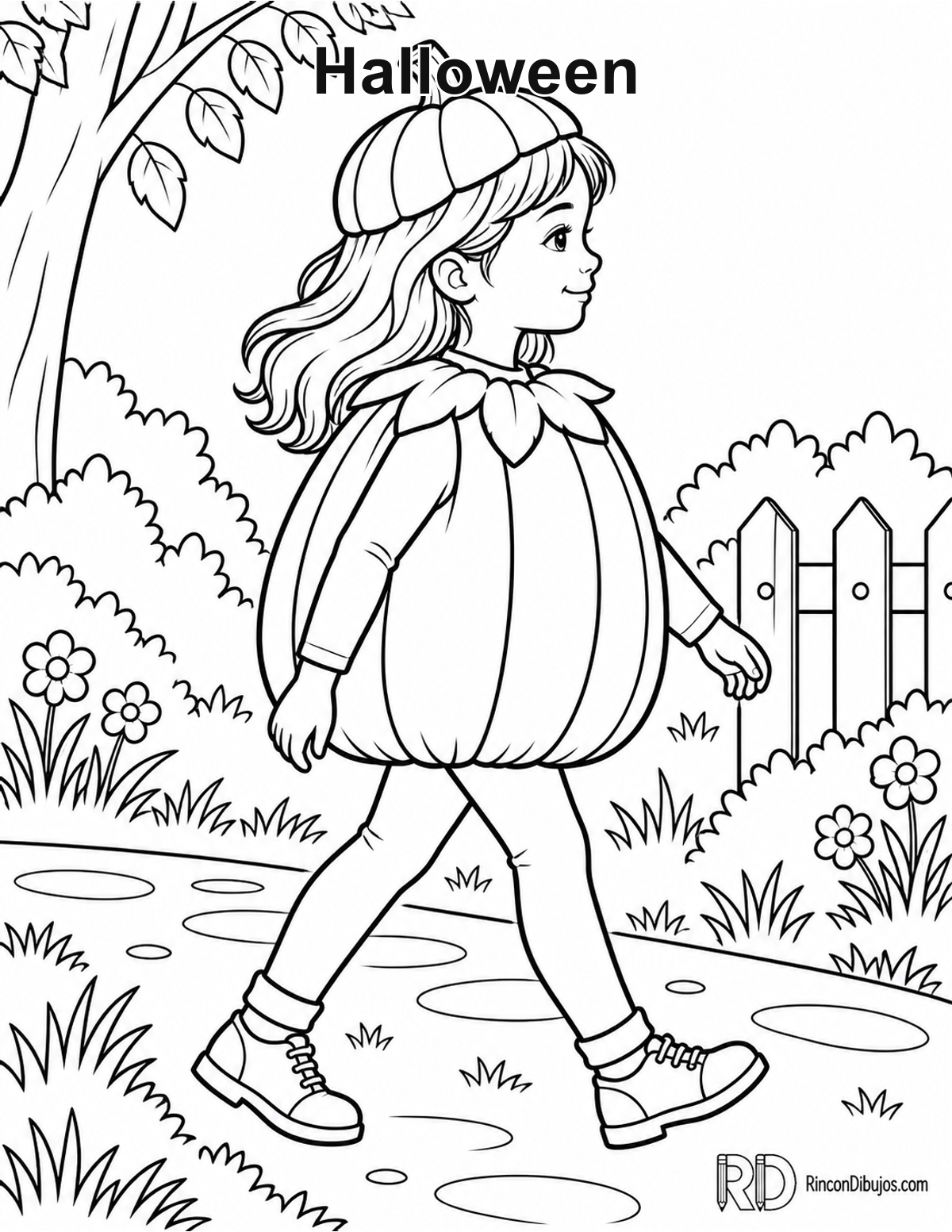 Dibujo de Halloween niña disfrazada para colorear Dibujo de Halloween niña disfrazada para colorear