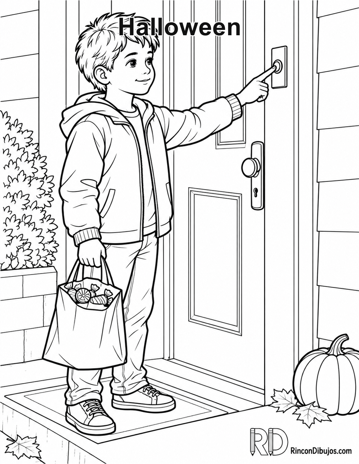 Dibujo de Halloween niño tocando para colorear Dibujo de Halloween niño tocando para colorear