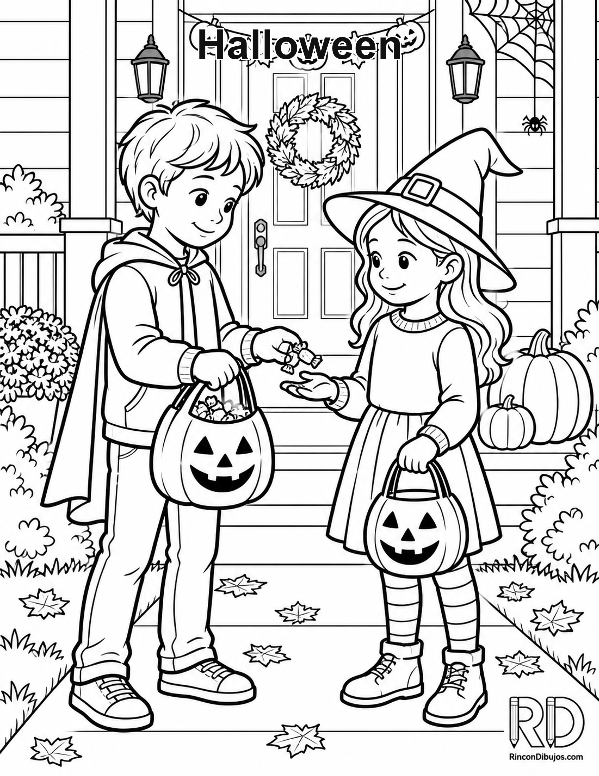 Dibujo de Halloween niños intercambiando para colorear Dibujo de Halloween niños intercambiando para colorear