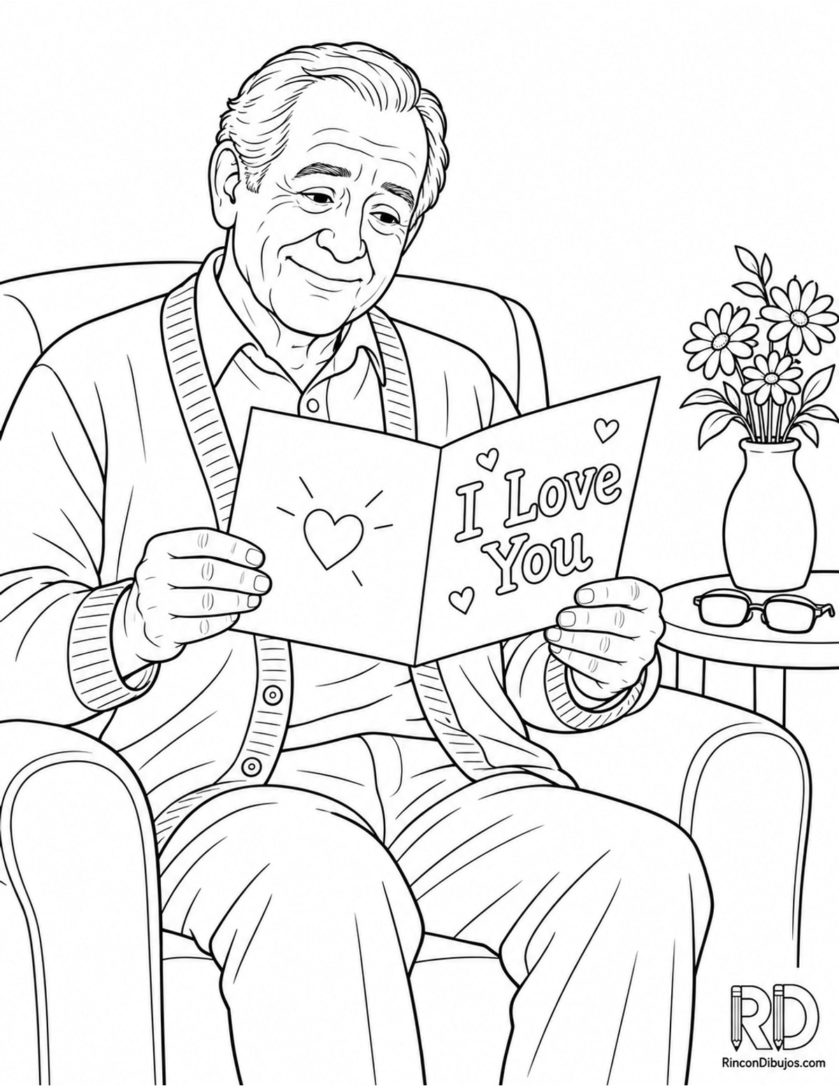 Dibujo de hombre mayor leyendo I Love para colorear Dibujo de hombre mayor leyendo I Love para colorear