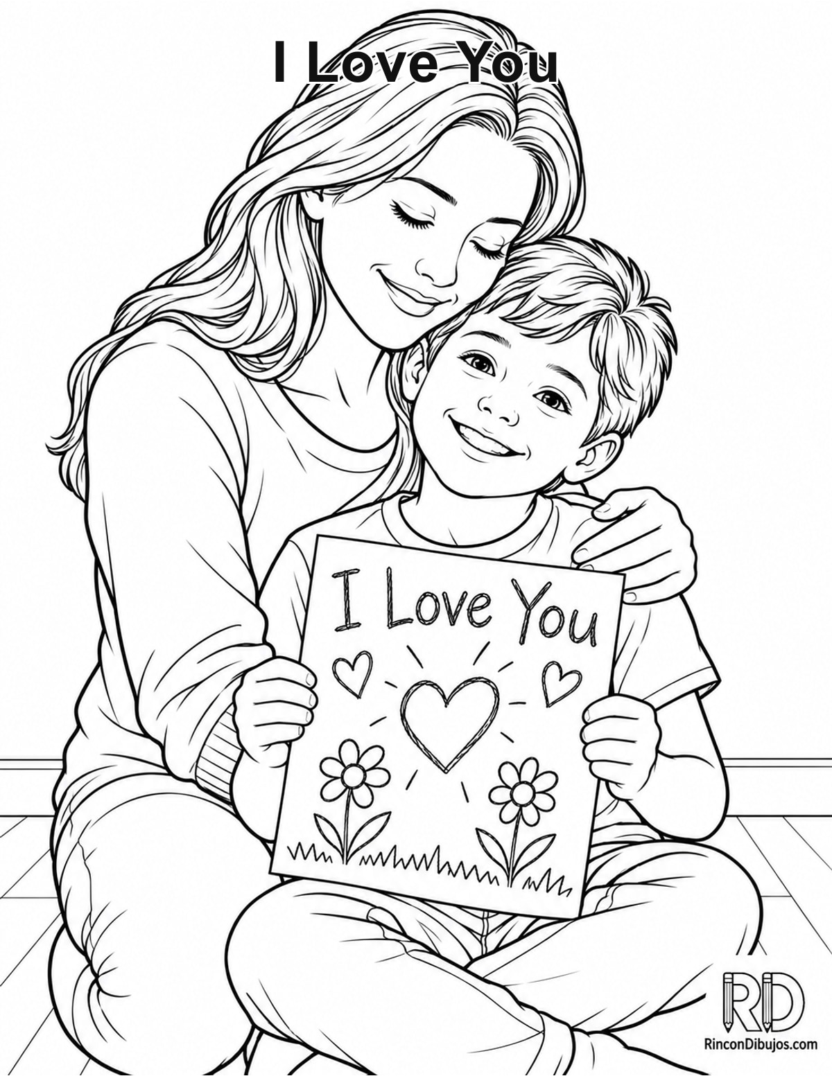 Dibujo de I Love You madre abrazando para colorear