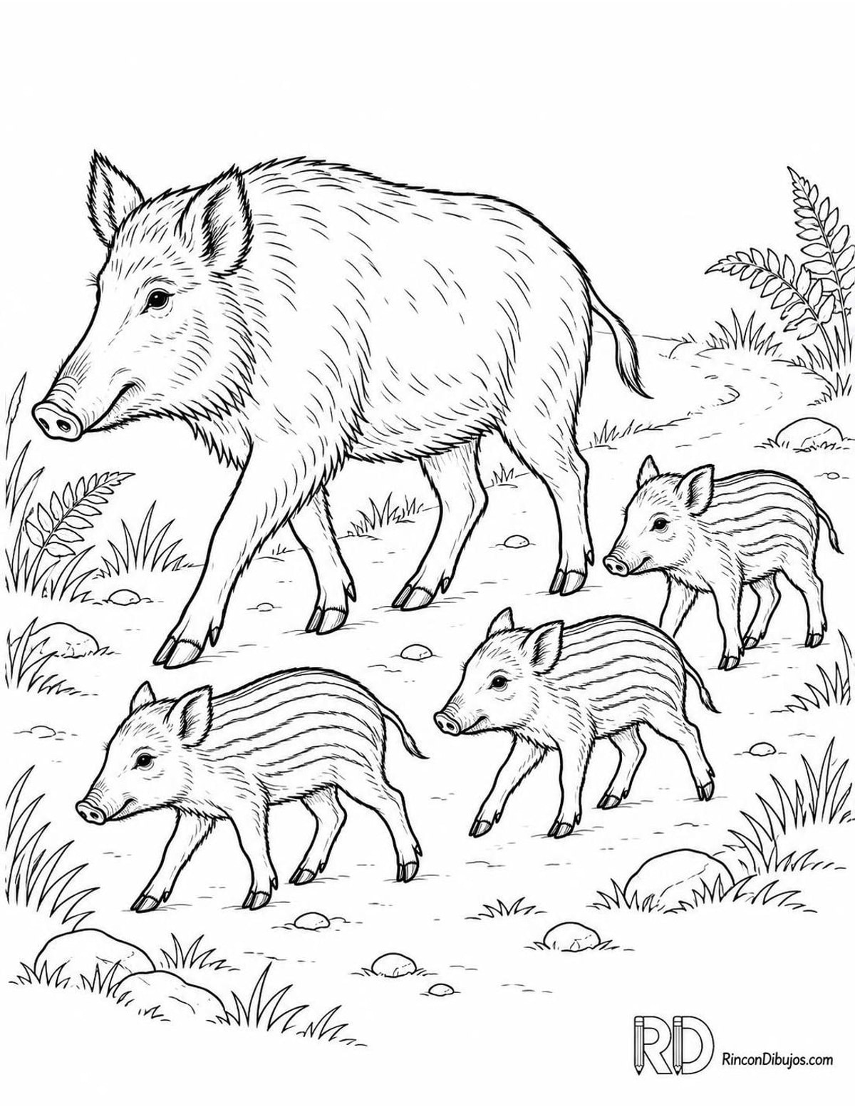 Dibujo de jabalina con jabatos para colorear