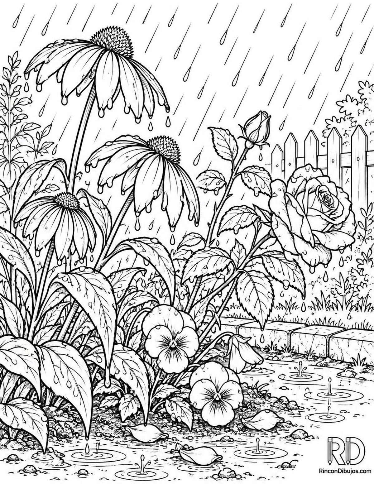 Dibujo de jardín lluvioso para colorear Dibujo de jardín lluvioso para colorear