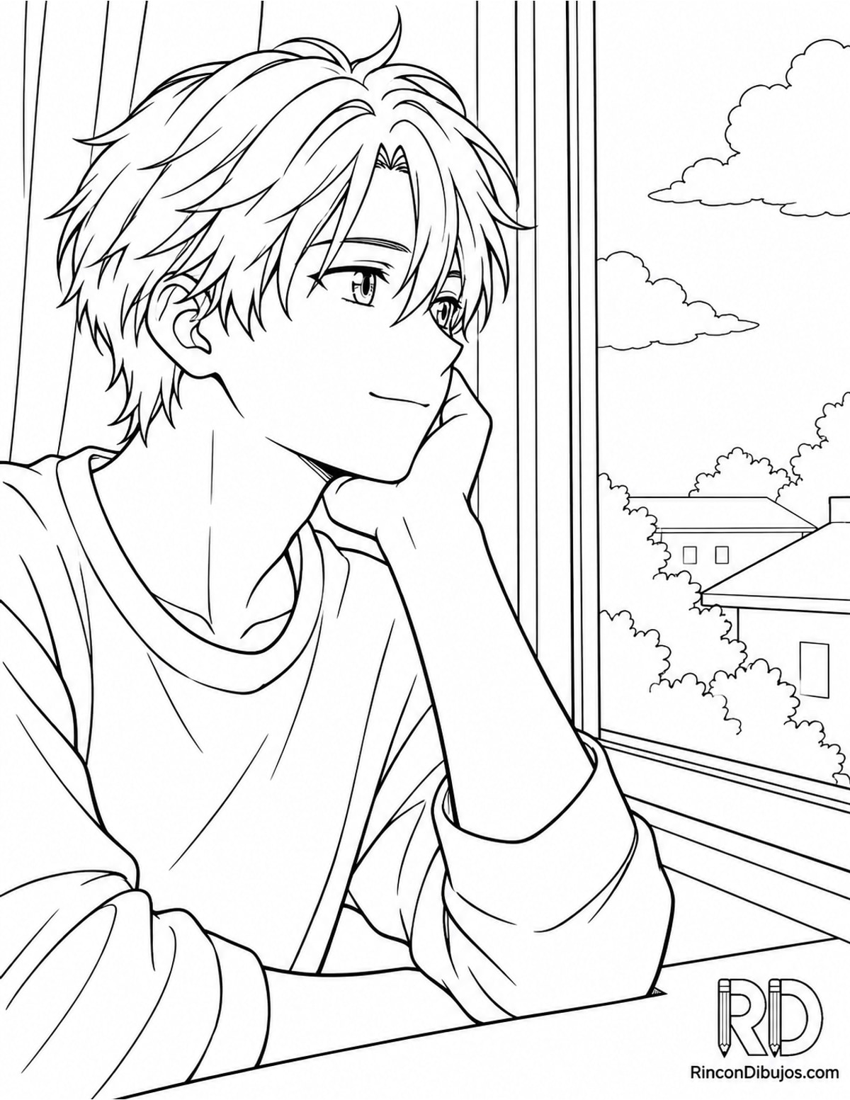 Dibujo de joven anime tranquilo para colorear Dibujo de joven anime tranquilo para colorear