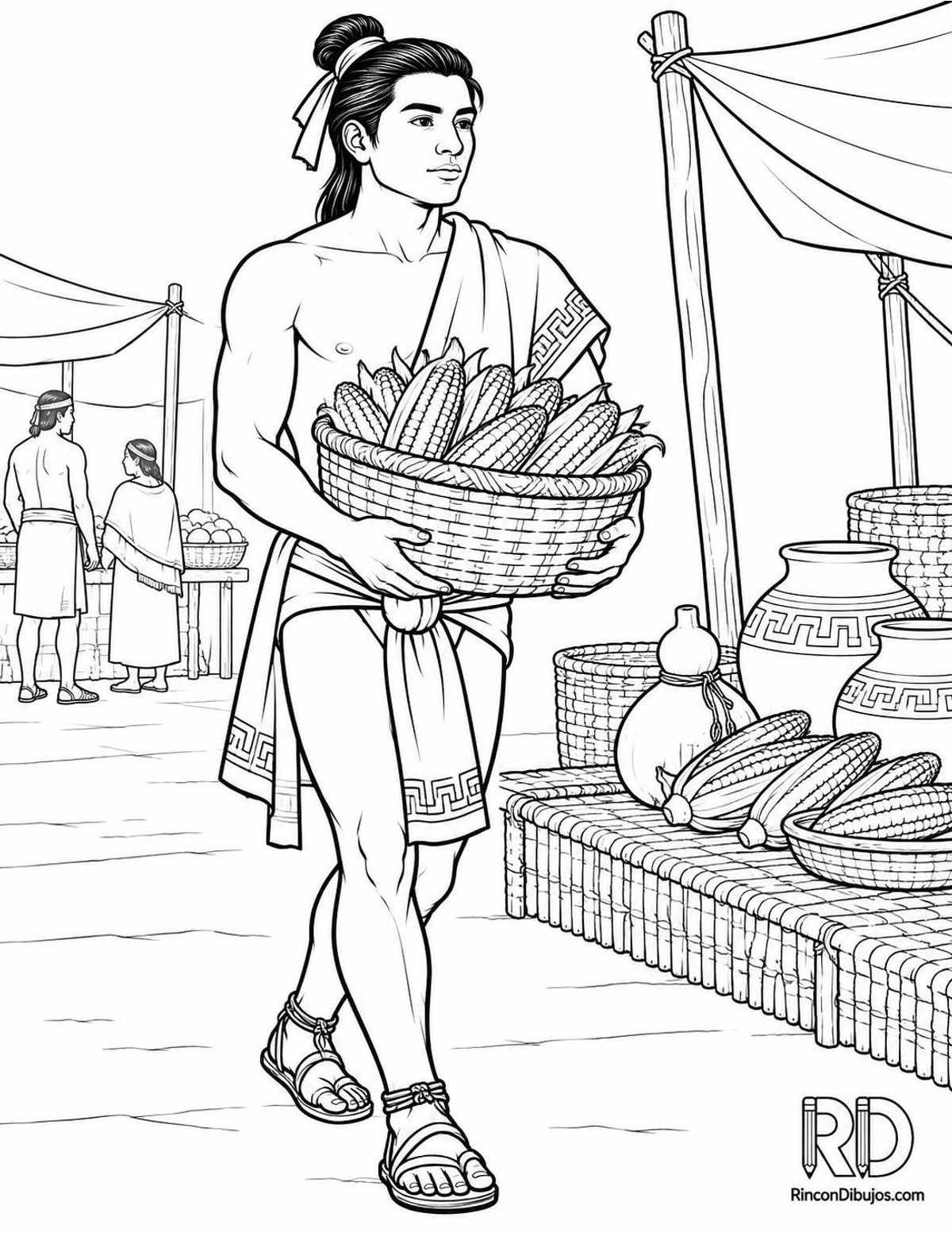 Dibujo de joven azteca con maíz para colorear Dibujo de joven azteca con maíz para colorear