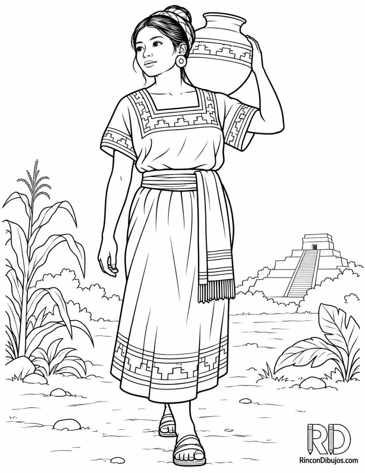 Dibujo de joven maya con vasija para colorear Dibujo de joven maya con vasija para colorear