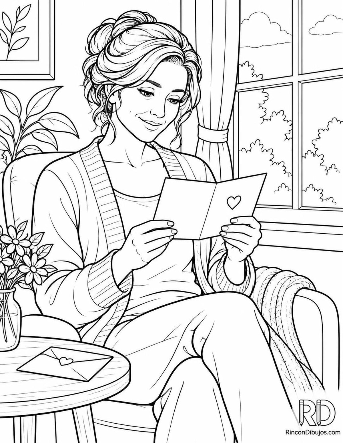 Dibujo de lectura de carta de amor para colorear