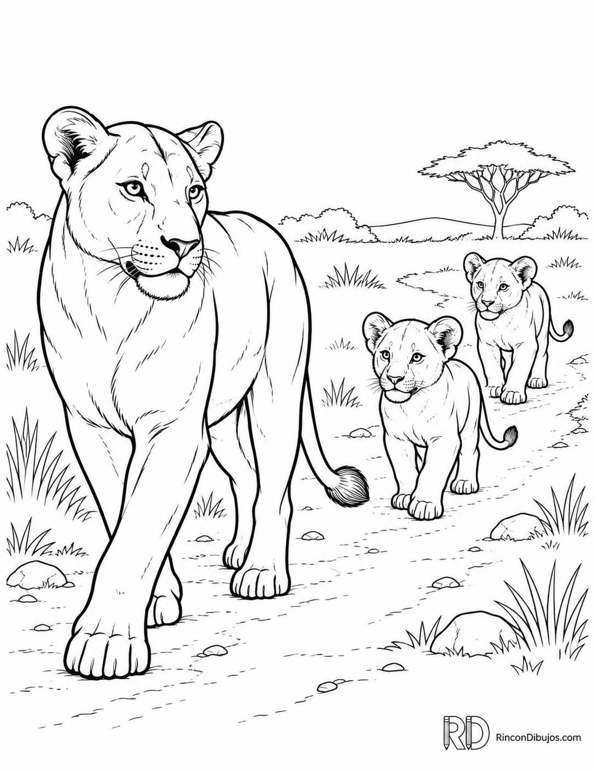 Dibujo de leona con cachorros para colorear Dibujo de leona con cachorros para colorear