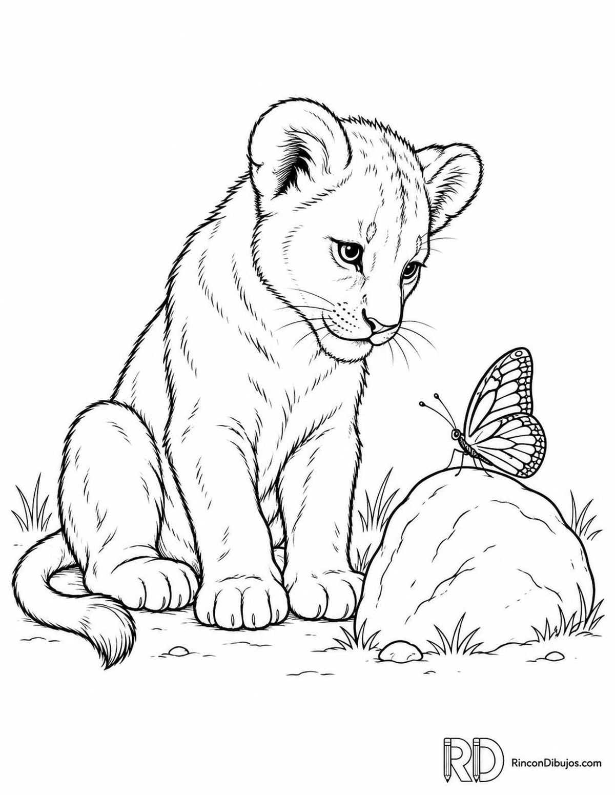 Dibujo de leoncito con mariposa para colorear Dibujo de leoncito con mariposa para colorear