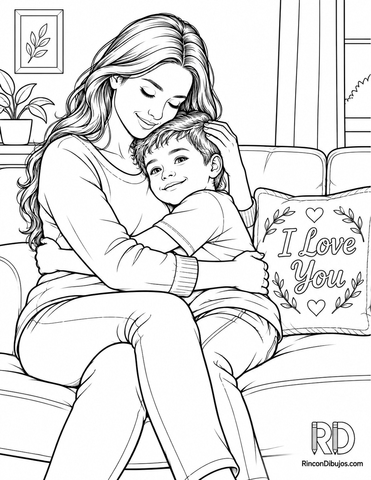 Dibujo de madre abrazando a I Love para colorear Dibujo de madre abrazando a I Love para colorear