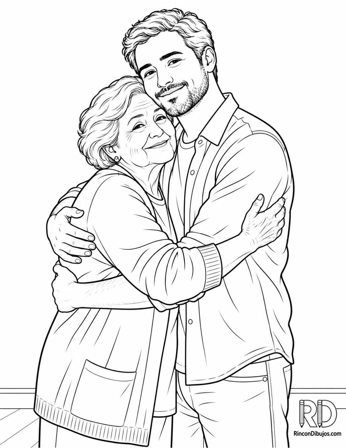 Dibujo de madre abrazando hijo adulto para colorear Dibujo de madre abrazando hijo adulto para colorear