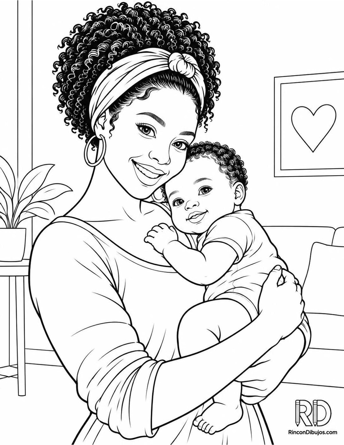 Dibujo de madre afrodescendiente con bebé para colorear Dibujo de madre afrodescendiente con bebé para colorear