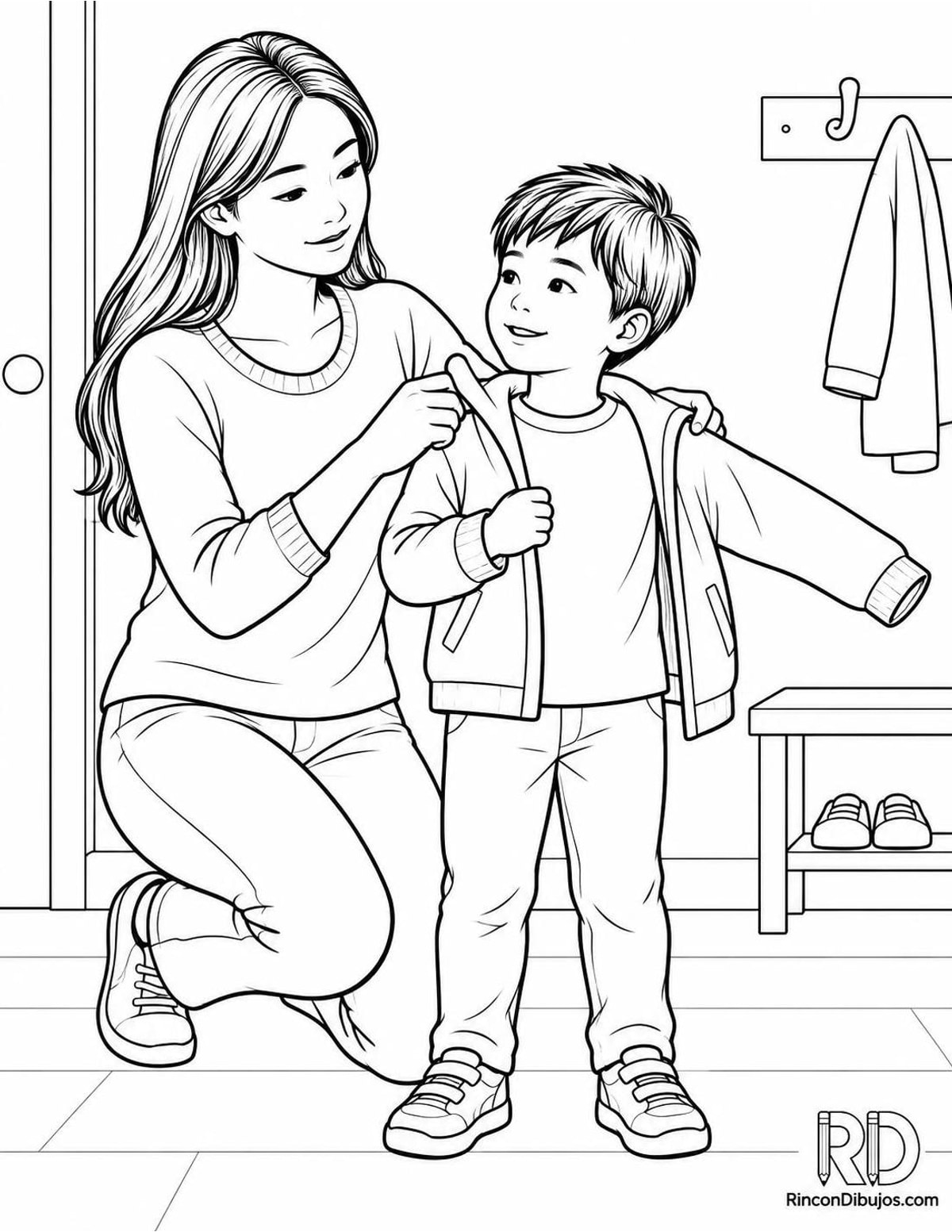 Dibujo de madre asiática con chaqueta para colorear Dibujo de madre asiática con chaqueta para colorear