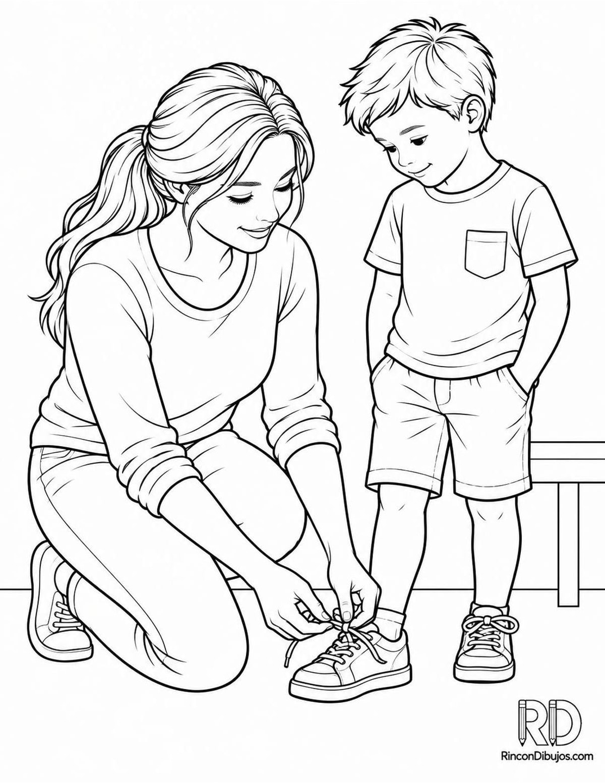 Dibujo de madre atando cordones para colorear Dibujo de madre atando cordones para colorear