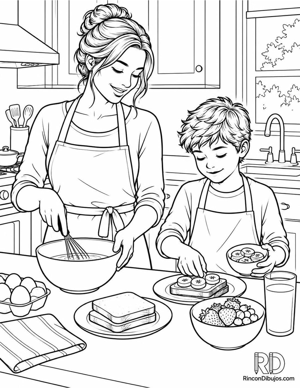 Dibujo de madre cocinando desayuno para colorear Dibujo de madre cocinando desayuno para colorear
