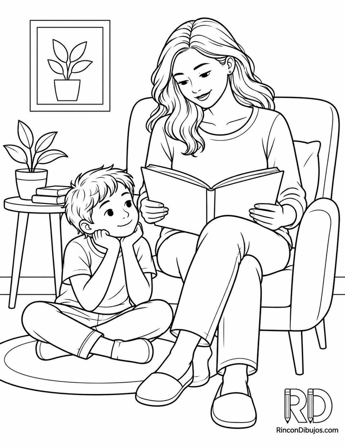 Dibujo de madre leyendo para colorear Dibujo de madre leyendo para colorear