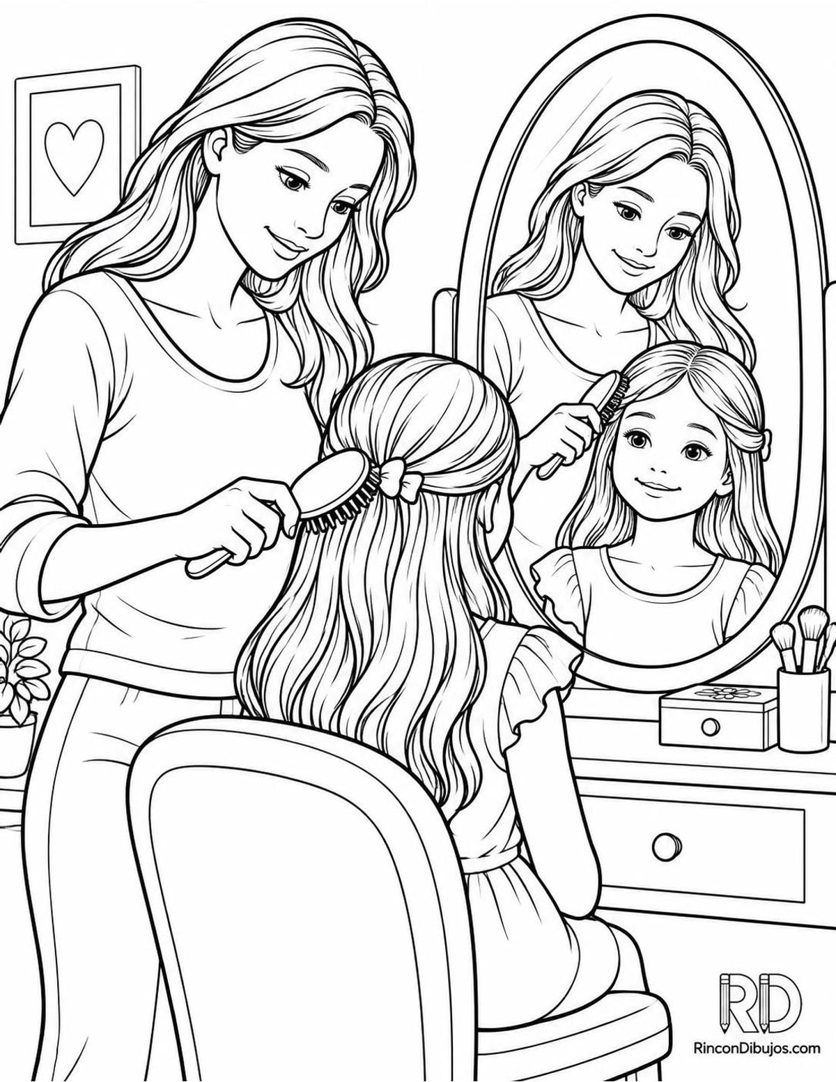 Dibujo de madre peinando hija para colorear Dibujo de madre peinando hija para colorear