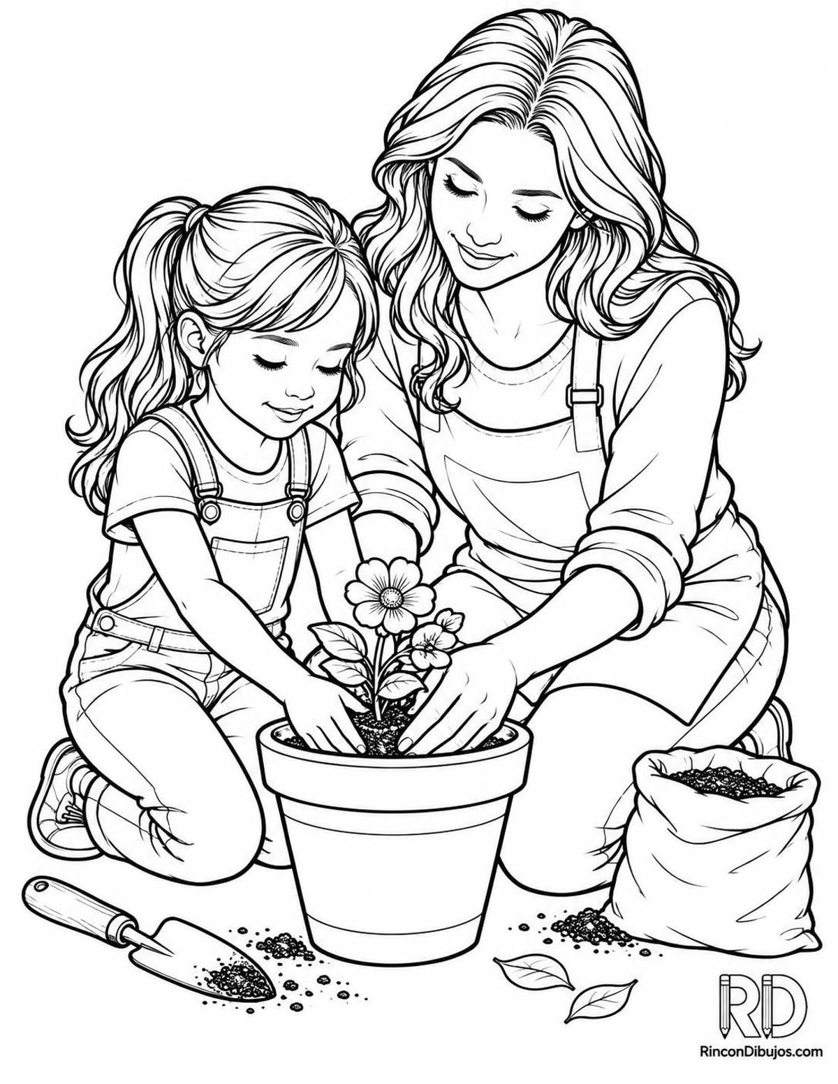 Dibujo de madre plantando flor para colorear Dibujo de madre plantando flor para colorear