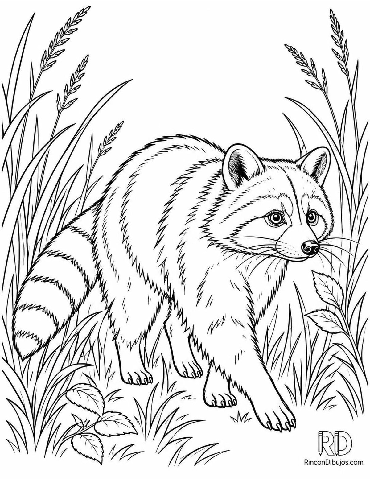 Dibujo de mapache entre hierbas para colorear Dibujo de mapache entre hierbas para colorear