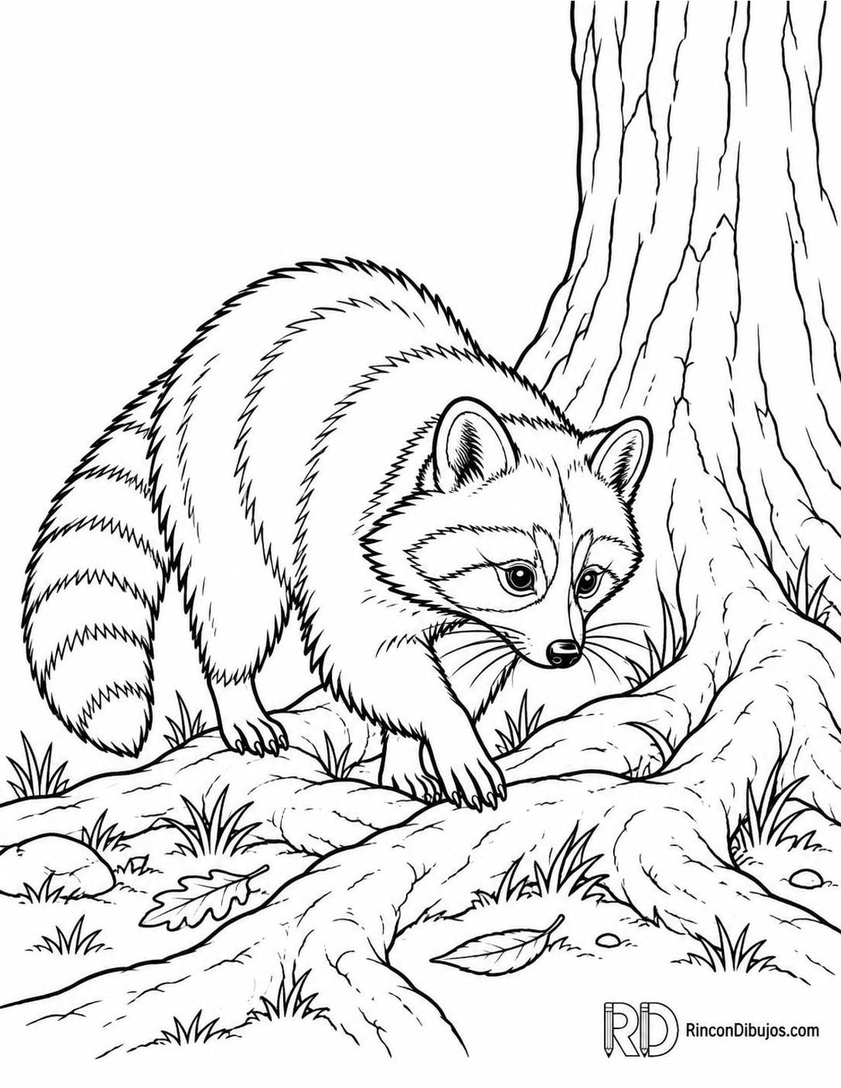 Dibujo de mapache explorando raíces para colorear Dibujo de mapache explorando raíces para colorear