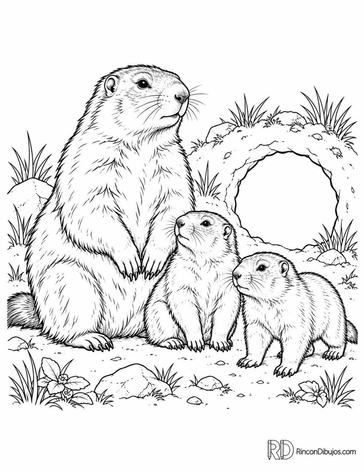 Dibujo de marmota con crías para colorear Dibujo de marmota con crías para colorear
