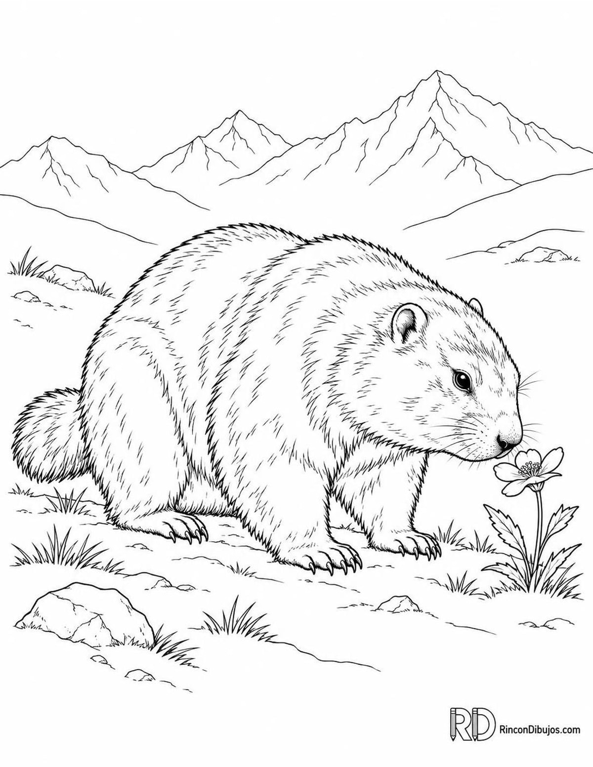 Dibujo de marmota del Himalaya con flor para colorear Dibujo de marmota del Himalaya con flor para colorear