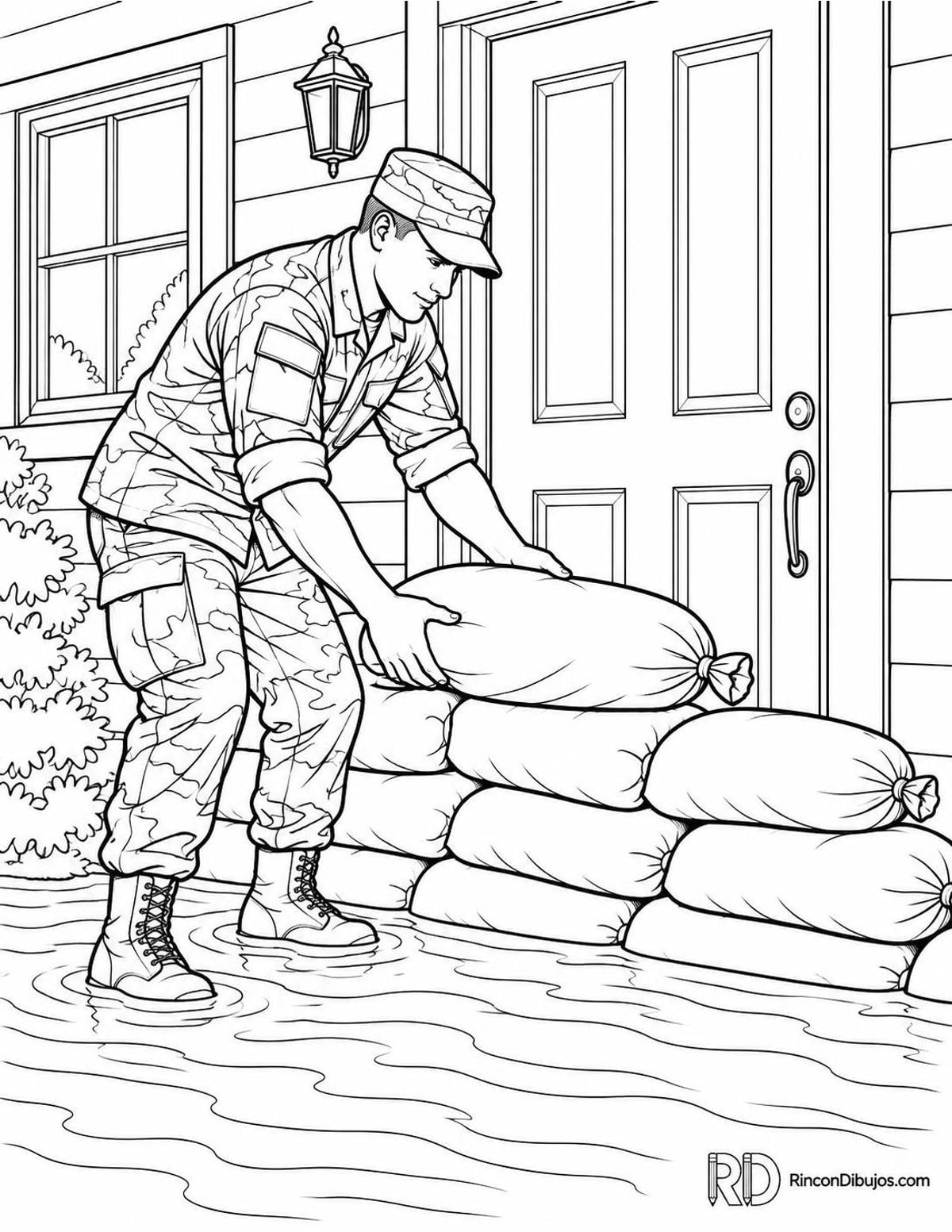 Dibujo de militar colocando sacos para colorear Dibujo de militar colocando sacos para colorear