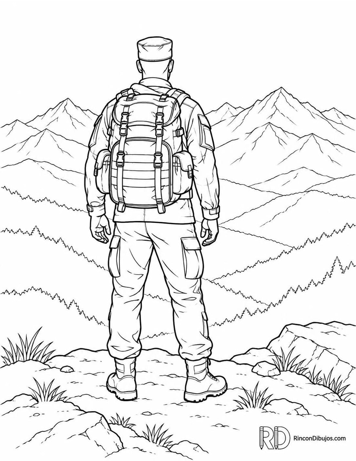 Dibujo de militar con mochila para colorear Dibujo de militar con mochila para colorear