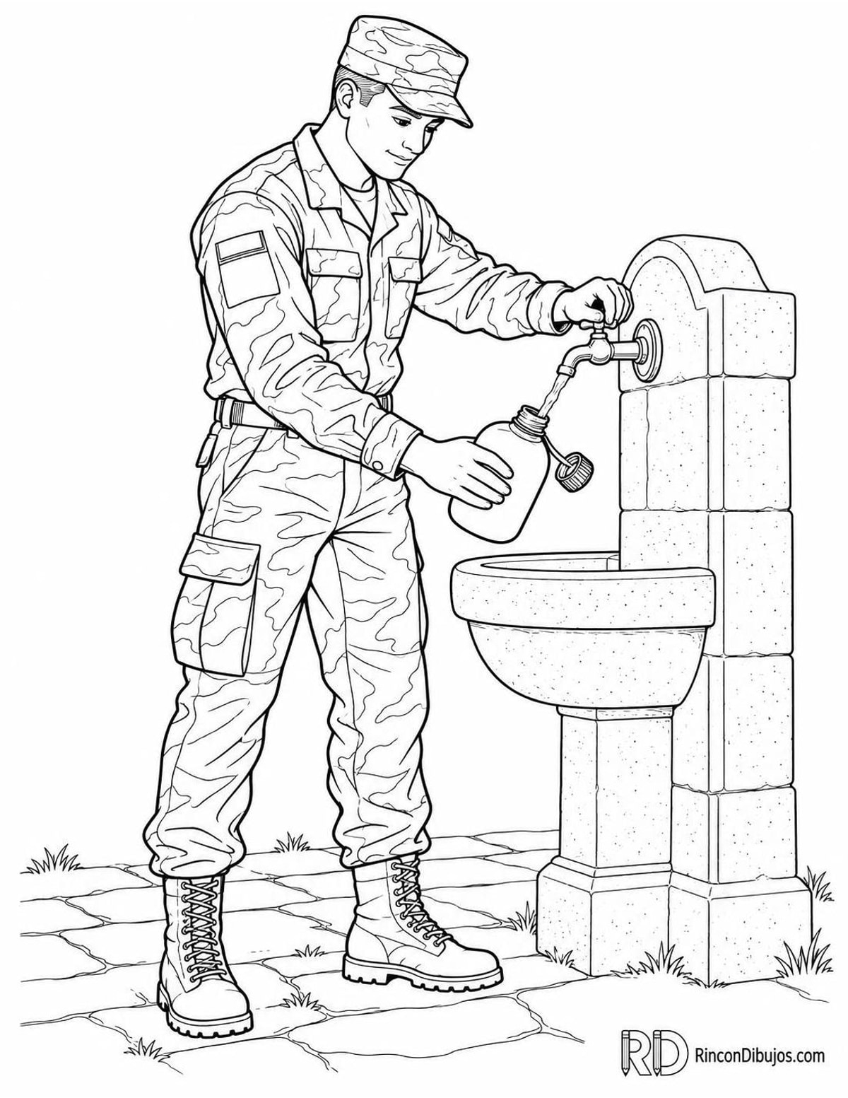 Dibujo de militar llenando cantimplora para colorear Dibujo de militar llenando cantimplora para colorear