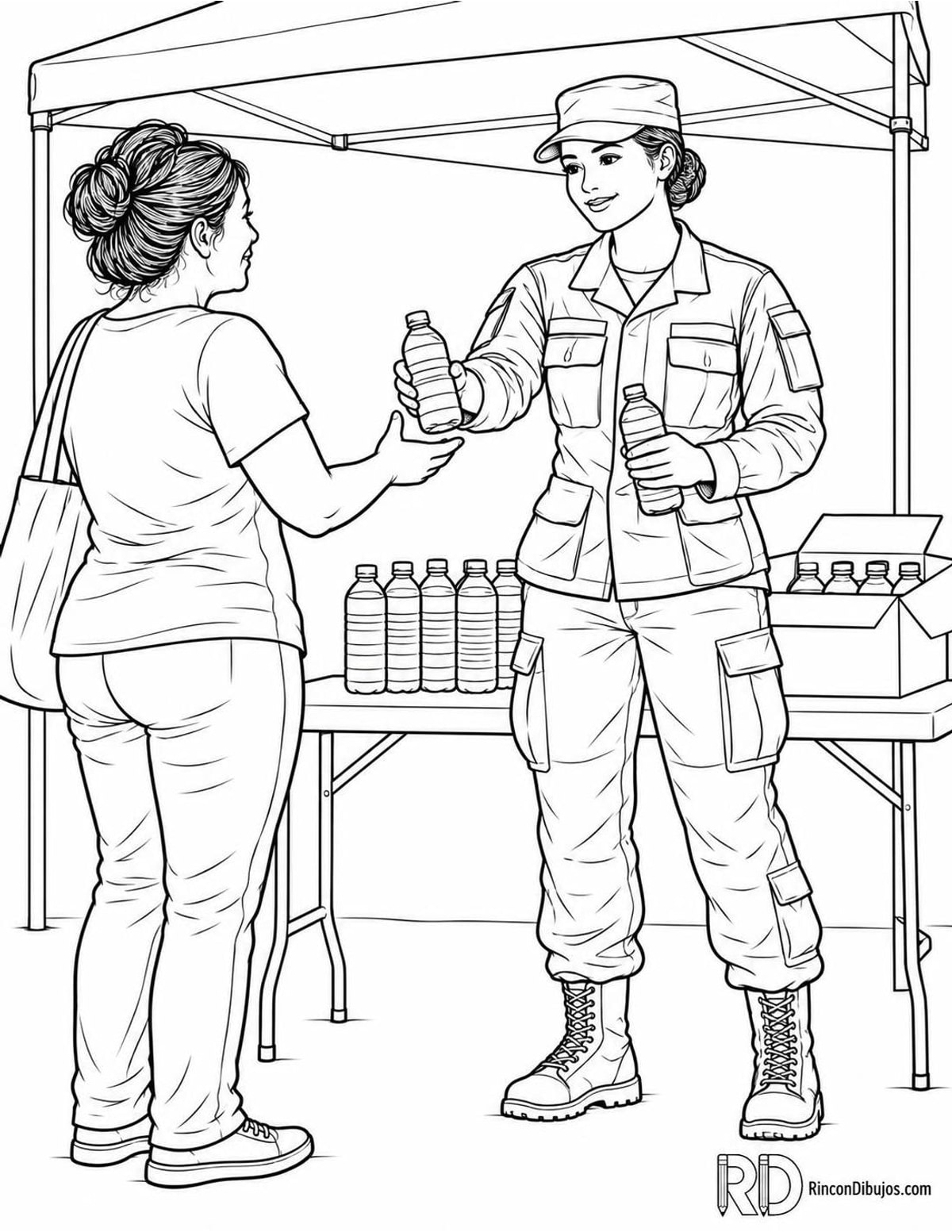Dibujo de militar repartiendo agua para colorear Dibujo de militar repartiendo agua para colorear