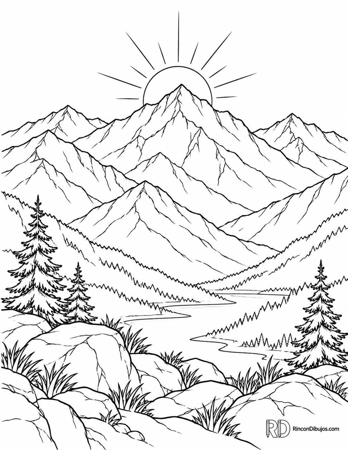 Dibujo de montañas al amanecer para colorear Dibujo de montañas al amanecer para colorear