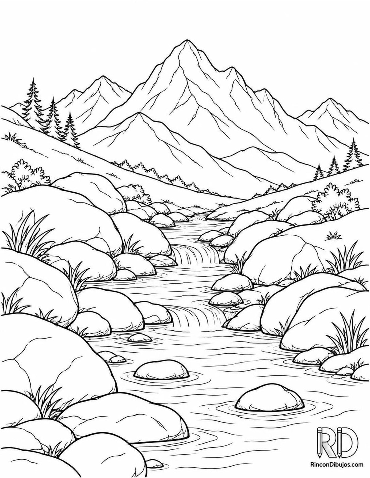 Dibujo de montañas con arroyo para colorear Dibujo de montañas con arroyo para colorear