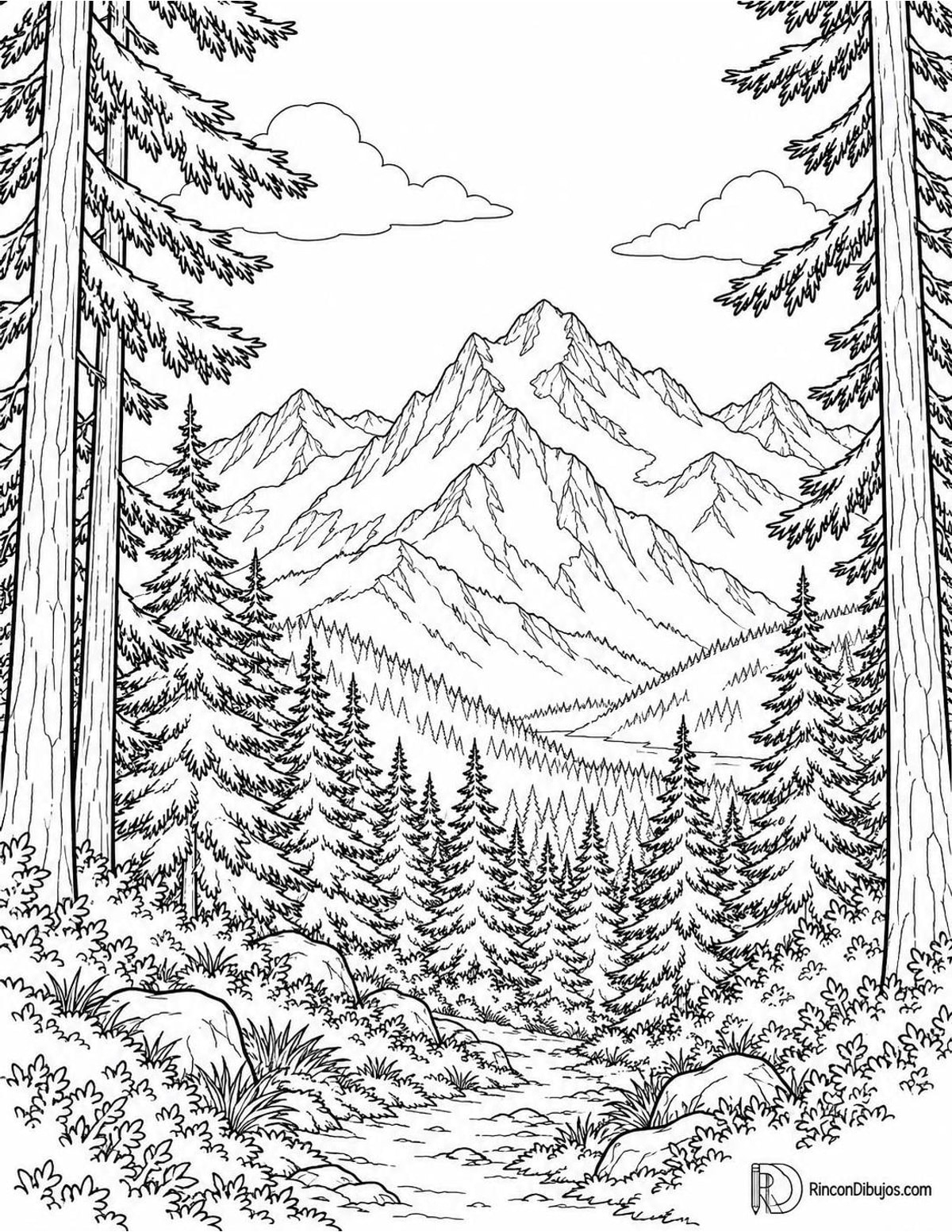 Dibujo de montañas con bosque para colorear Dibujo de montañas con bosque para colorear